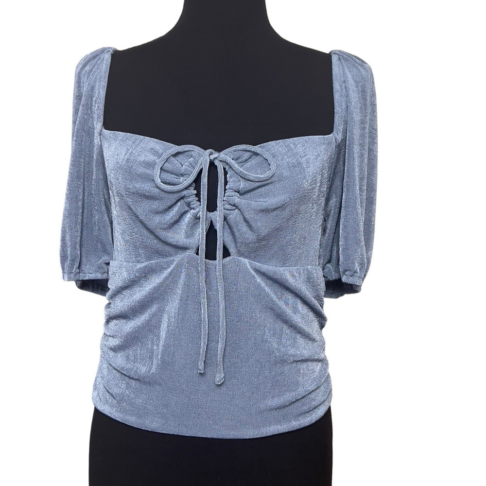 Sophie Rue Anthropologie Slinky Front Cut Out Tie Blouse Blue Dust XL Ruched NEW